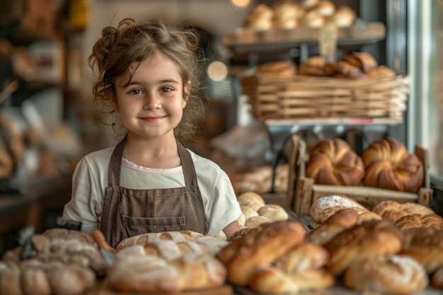 Little Girl Standing in Front of Bread