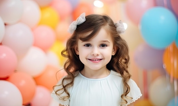 A little girl standing in front of a bunch of balloons