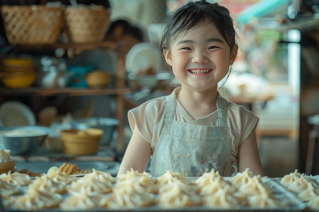 食べ物 の トレイ の 前 に 立っ て いる 小さな 少女