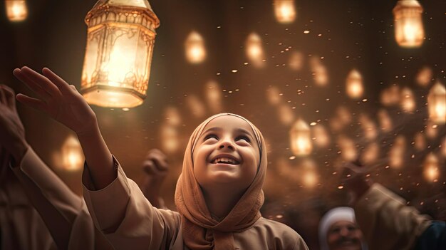 Photo little girl standing in front of a group of lit candles ramdan