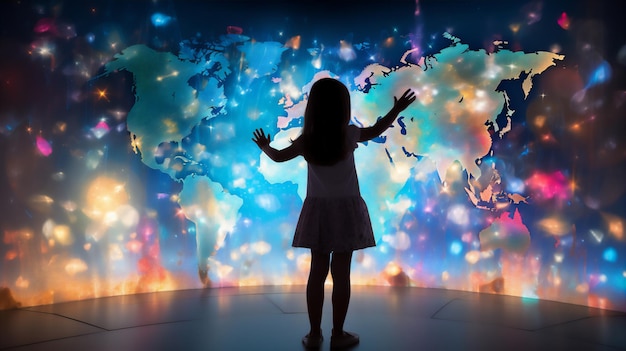 Маленькая девочка, стоящая перед голограммой карты мира с вертикальным светом, поднимается выше и прикасается к карте