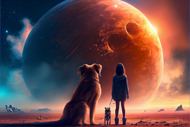 Photo little girl standing in a stranger planet with dog beside her digital art stye