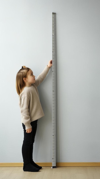 a little girl standing next to a tall ruler