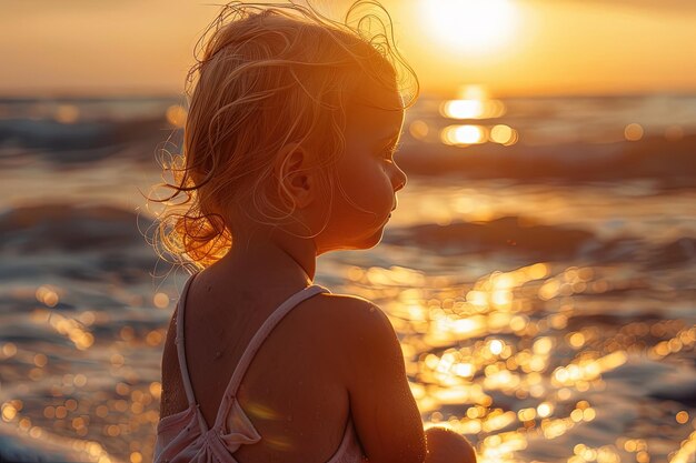 海の隣のビーチの上に立っている小さな女の子