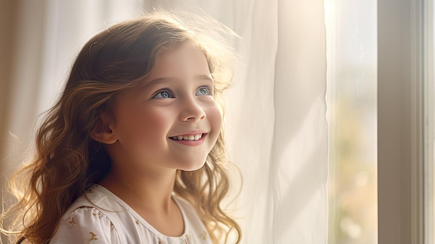 A little girl stands by a sunlit window her face radiating happiness as she gazes outside The white interior adds to the purity of the moment