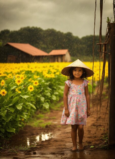 Foto una ragazzina in piedi in un campo di girasoli