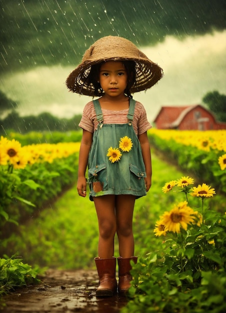 a little girl stands in a field of sunflowers