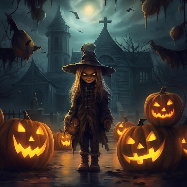A little girl stands in front of a pumpkin with a scarecrow in the background
