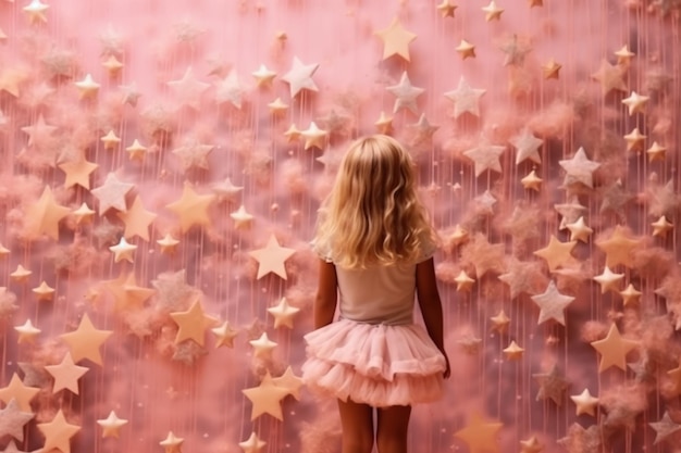 A little girl stands in front of a wall of stars