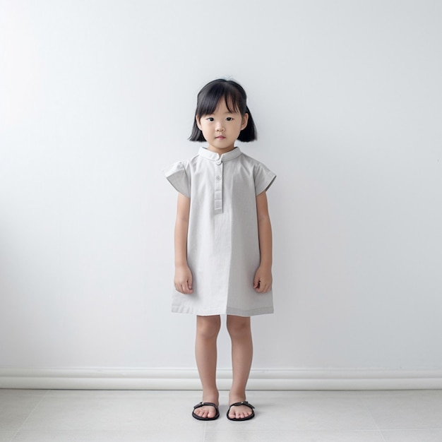 a little girl stands in front of a white wall.