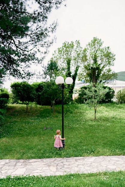 Little girl stands near a lantern in a green park back view
