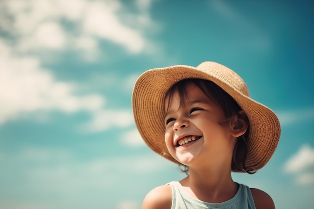 A little girl in a straw hat smiles at the sky