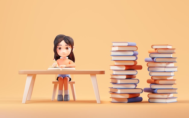 Little girl study hard learning at desk 3d rendering