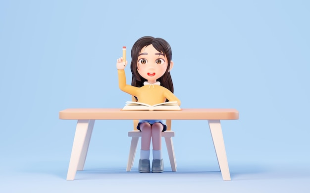 Little girl study hard learning at desk 3d rendering