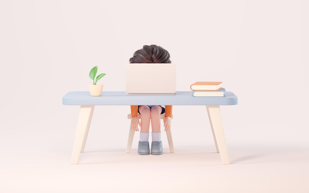 Little girl study hard learning at desk 3d rendering