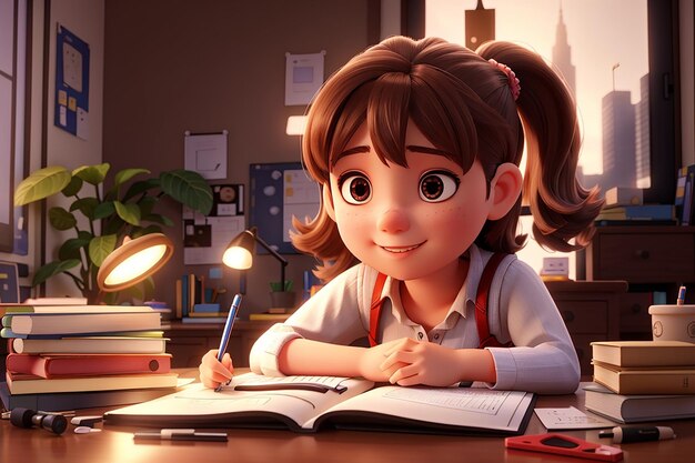 작은 소녀는 책상 3d 렌더링에서 열심히 공부합니다.
