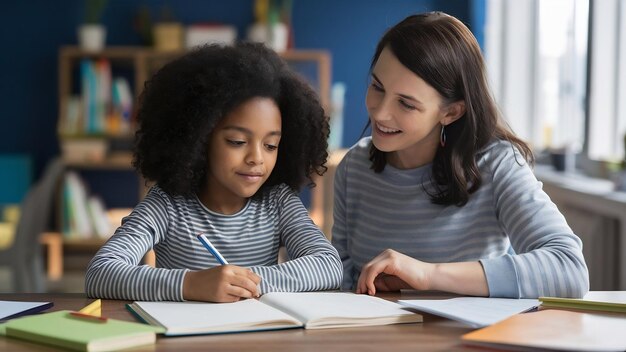 写真 小さな女の子が教師と一緒に家で勉強している