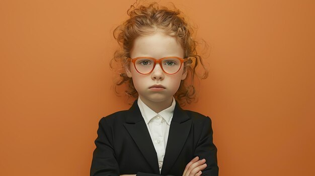 Photo little girl in suit and glasses looking at camera with crossed arms