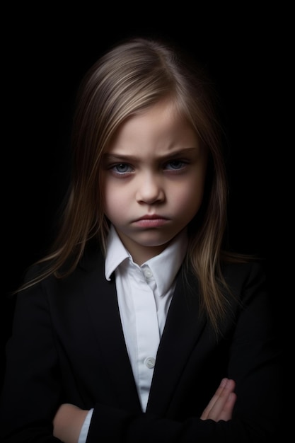 A little girl in a suit with a serious expression on her face.