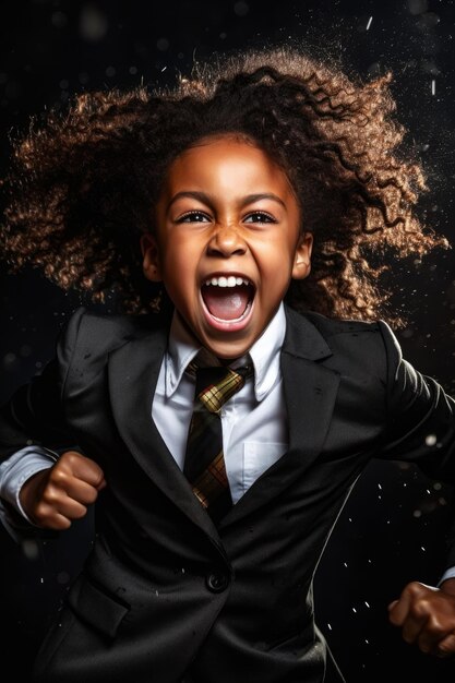 A little girl in a suit with the word " on the front. "