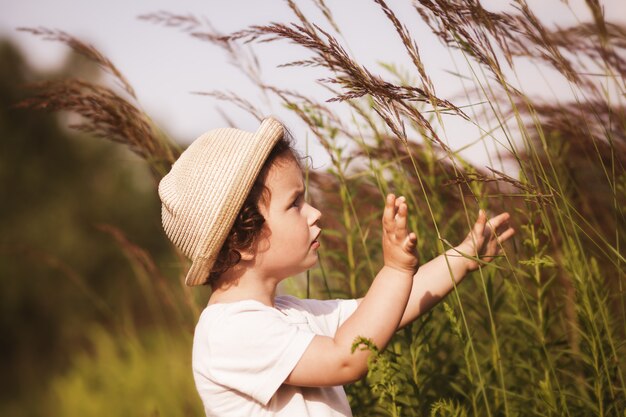 Photo little girl in summer examines plants