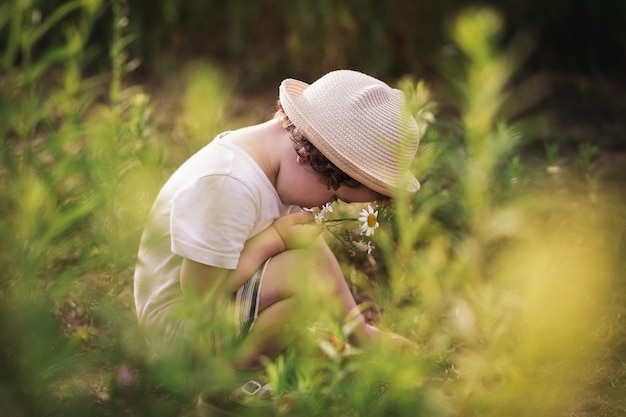 little girl in summer examines plants