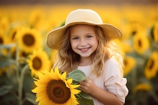 a little girl in a sunflower field with a sunflower in the background