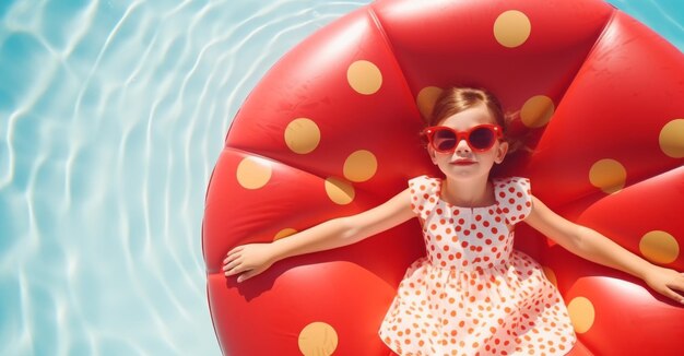 A little girl in sunglasses resting on colorful inflatable float in swimming pool on summer day