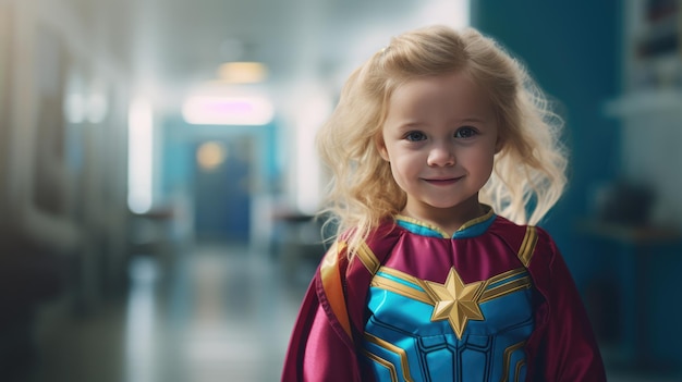 Little girl in a superhero costume in a hospital Created with Generative AI technology