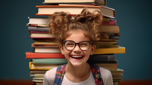 Little girl surrounded by books and smiles on dark green background Created with Generative AI technology