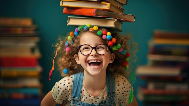 Little girl surrounded by books and smiles on dark green background