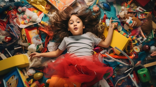 Photo a little girl surrounded by a playful mountain of toys