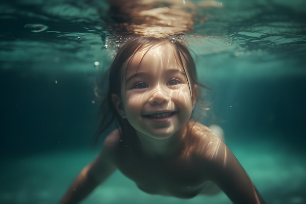 A little girl swimming underwater