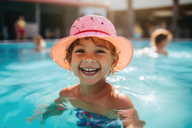 A little girl swims in an pool AI generative