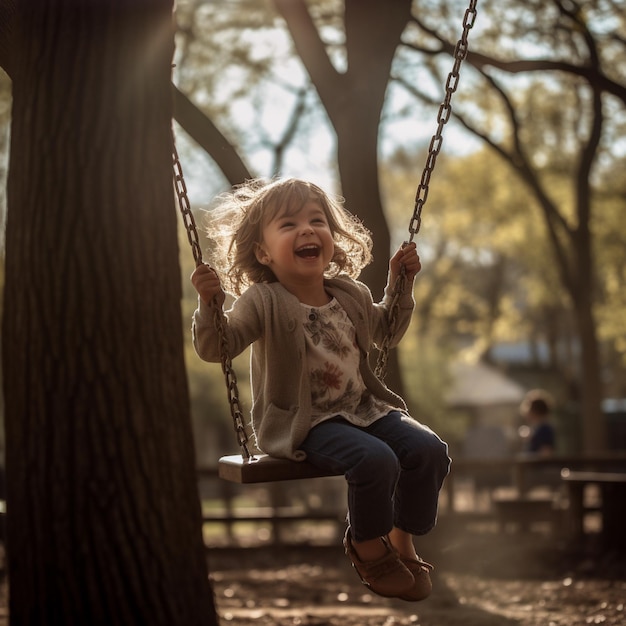 A little girl on a swing in a park