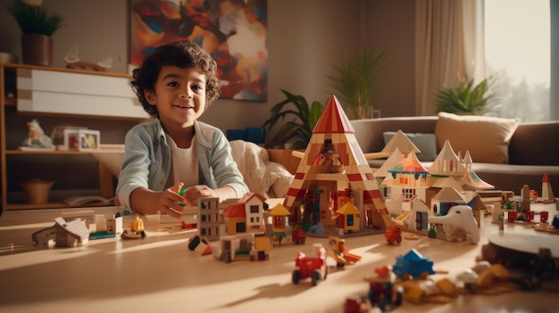 Little Girl at Table Playing With Wooden Toys