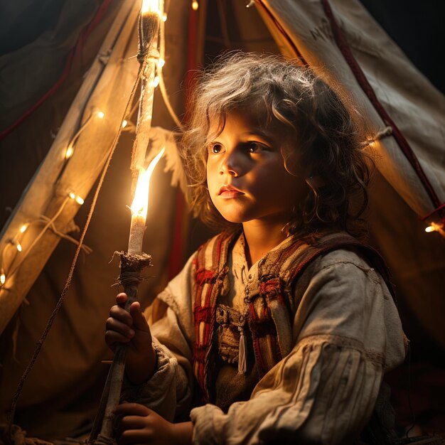 Foto una ragazzina in una tenda con le luci intorno alla faccia