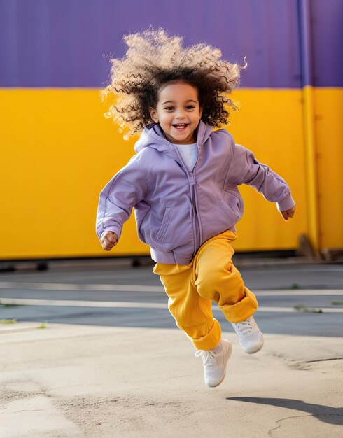 a little girl that is jumping in the air with her hair flying through the air and smiling at the camera