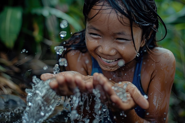 A little girl that is playing in some water