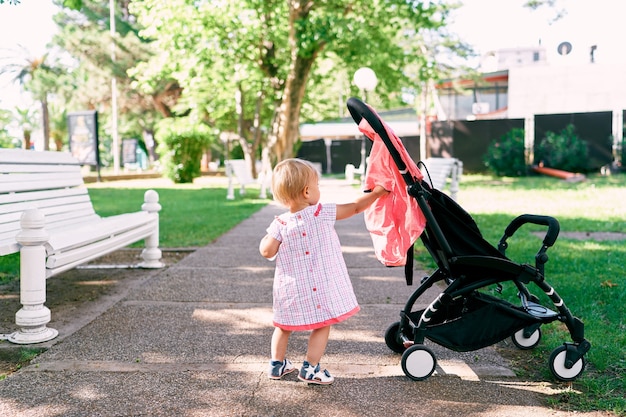 Photo little girl touches stroller while standing on the path in the park back view