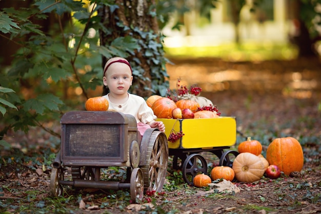 Little girl in tractor with a cart with pumpkins