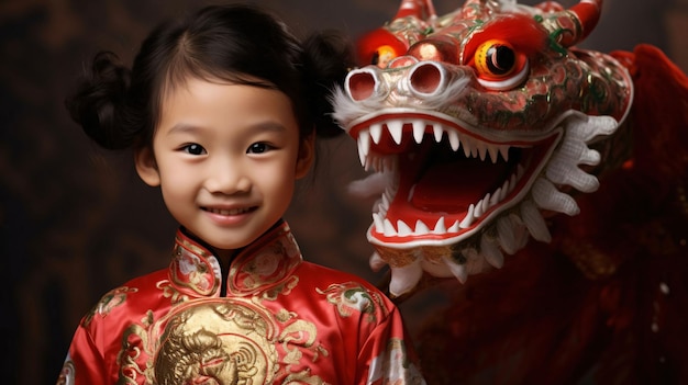 A little girl in traditional Chinese dress posing by the Red Dragon Chinese New Year celebrations