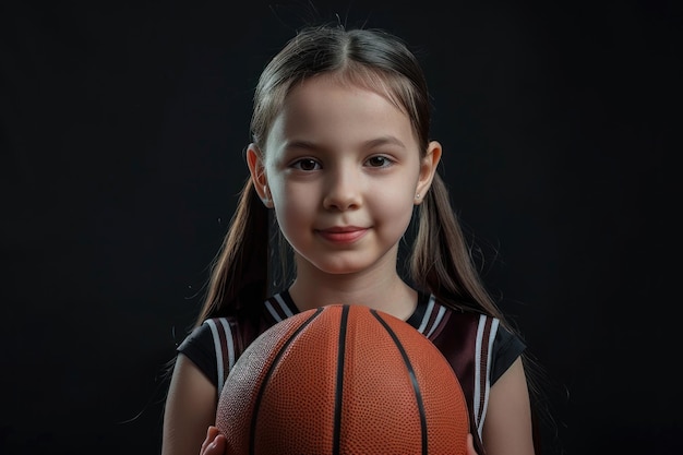 Photo little girl in uniform holding basketball ball