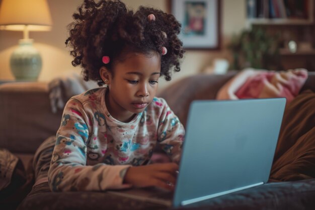 Photo little girl using laptop while sitting on couch