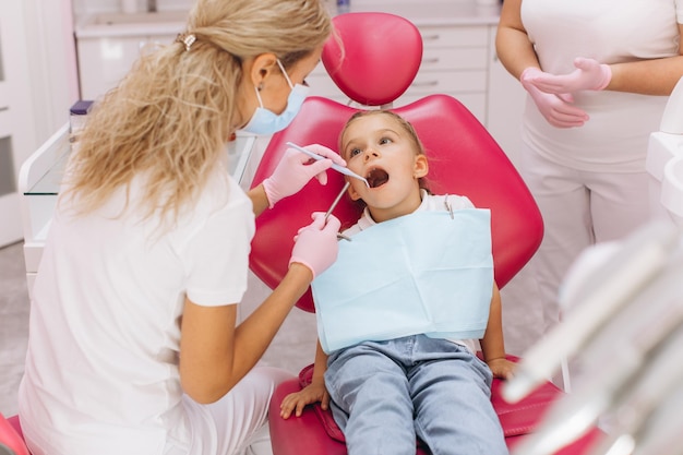 Little girl visiting a dentist at a dental clinic