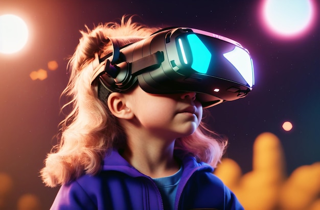 Little girl in VR goggle on background of space Portrait of child in virtual reality glasses Concept of artificial reality Generative AI