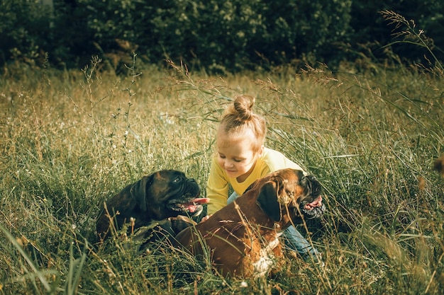 маленькая девочка на прогулке со своими четвероногими друзьями собаками в траве