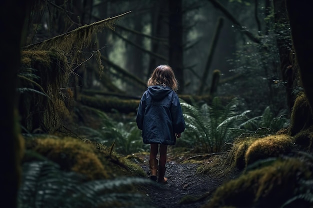 Little girl walking In the dark mystery forest back view seemingly lost and alone in the shadowy woods Generative AI