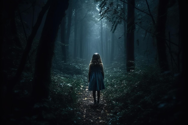 Little girl walking In the dark mystery forest back view seemingly lost and alone in the shadowy woods Generative AI