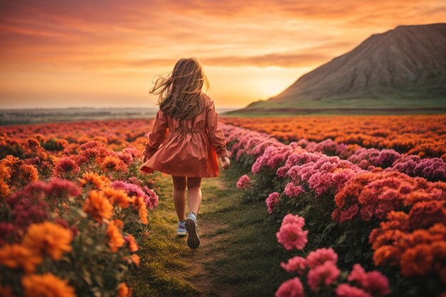 Foto bambina che cammina sulle colline indossando un luminoso abito caldo paesaggio vintage al tramonto